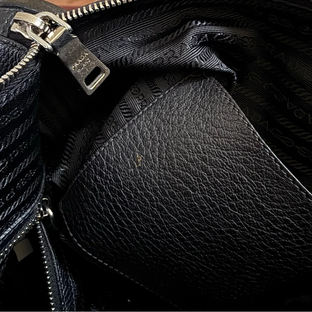 PRADA Vitello Daino Hobo in Black Leather with Silver Hardware